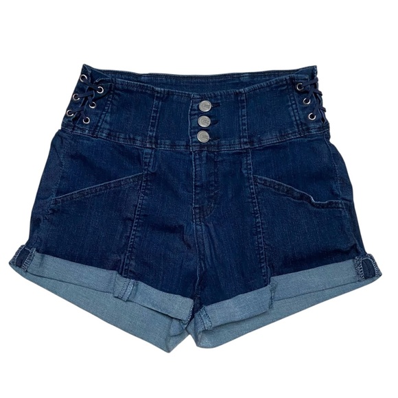 Almost Famous High Rise Shorts Size 9 Stretch Jean Button Tie Side Blue - Picture 1 of 15